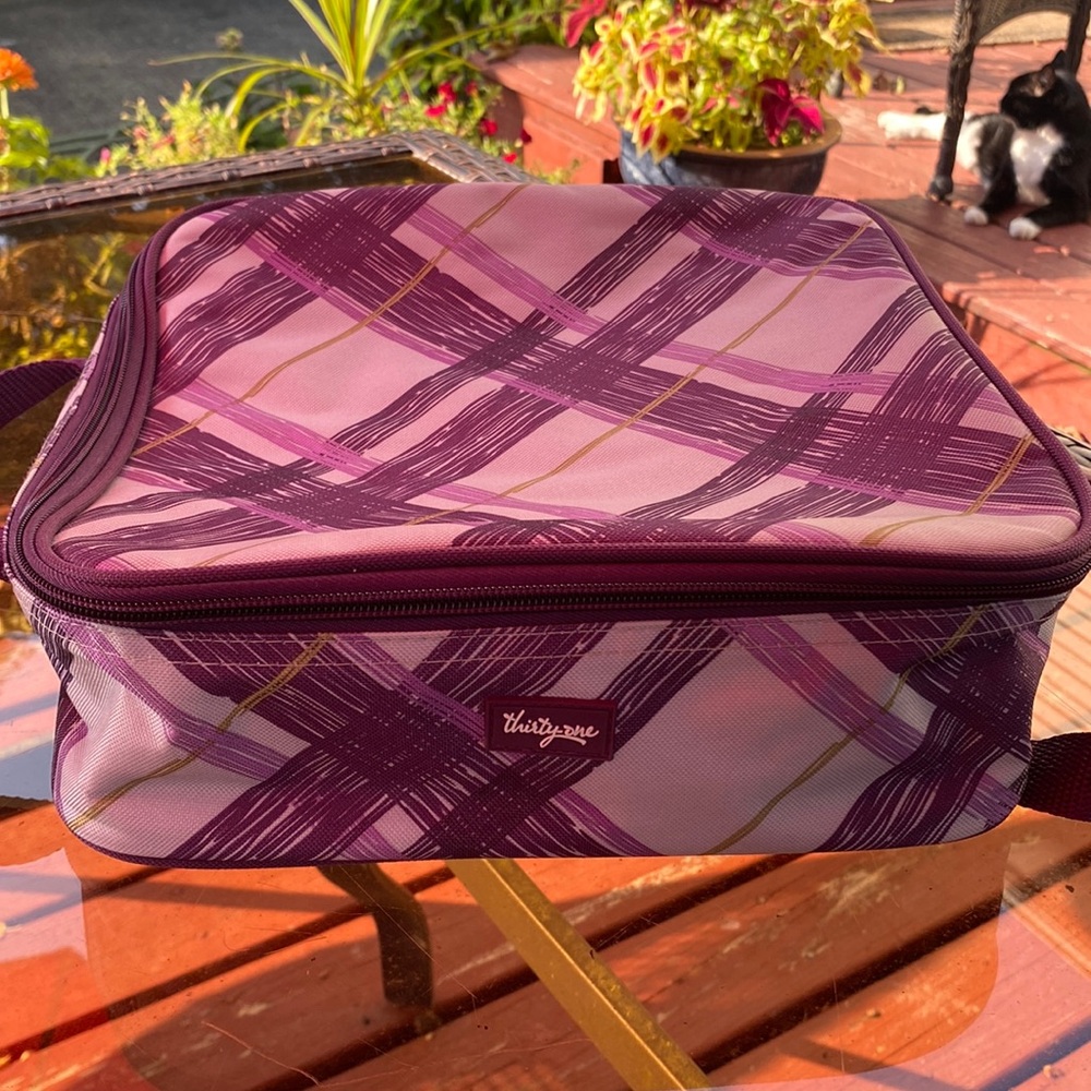 Thirty-One Perfect Potluck bag - Square Tote - Plum Plaid